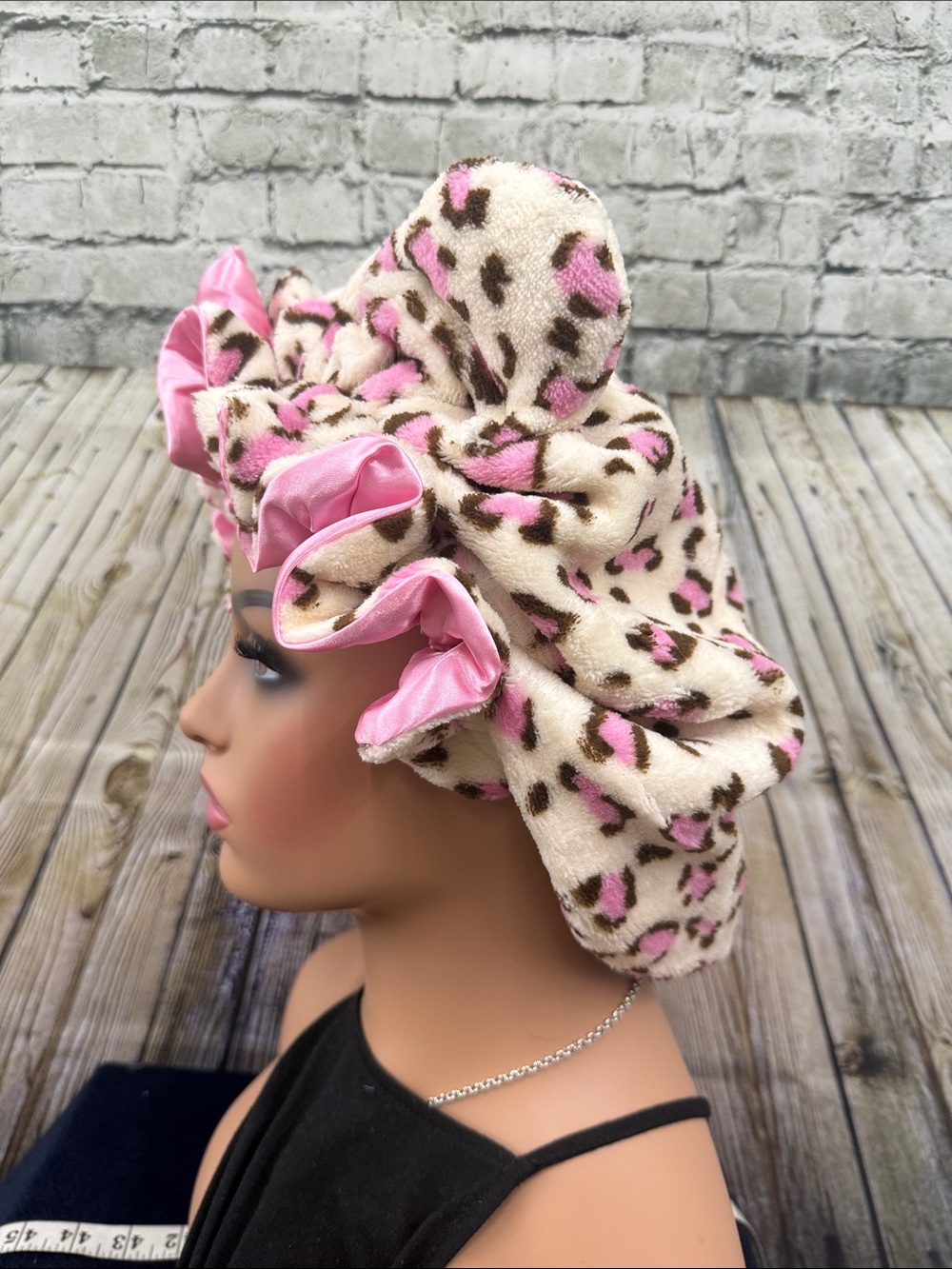 Plush Leopard Print bonnet Cap Pink satin lined NEW